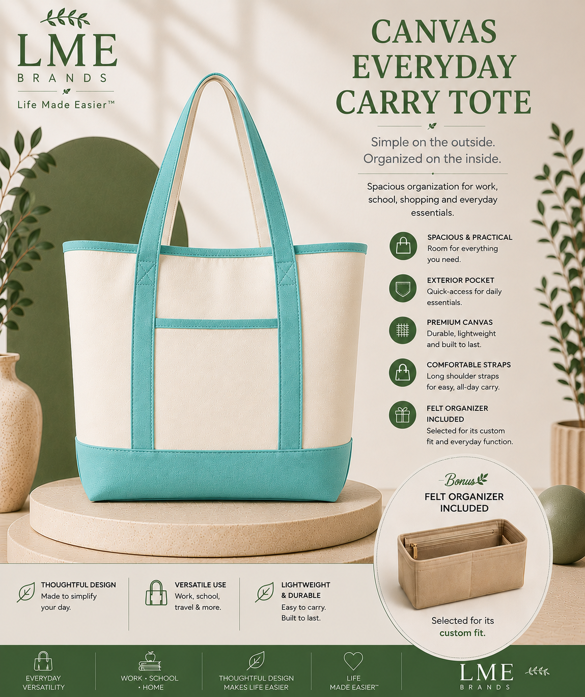 Canvas Everyday Carry Tote Bag + Zippered Organizer Bundle — Work to Studio Carry-All & Active Lifestyle Bag