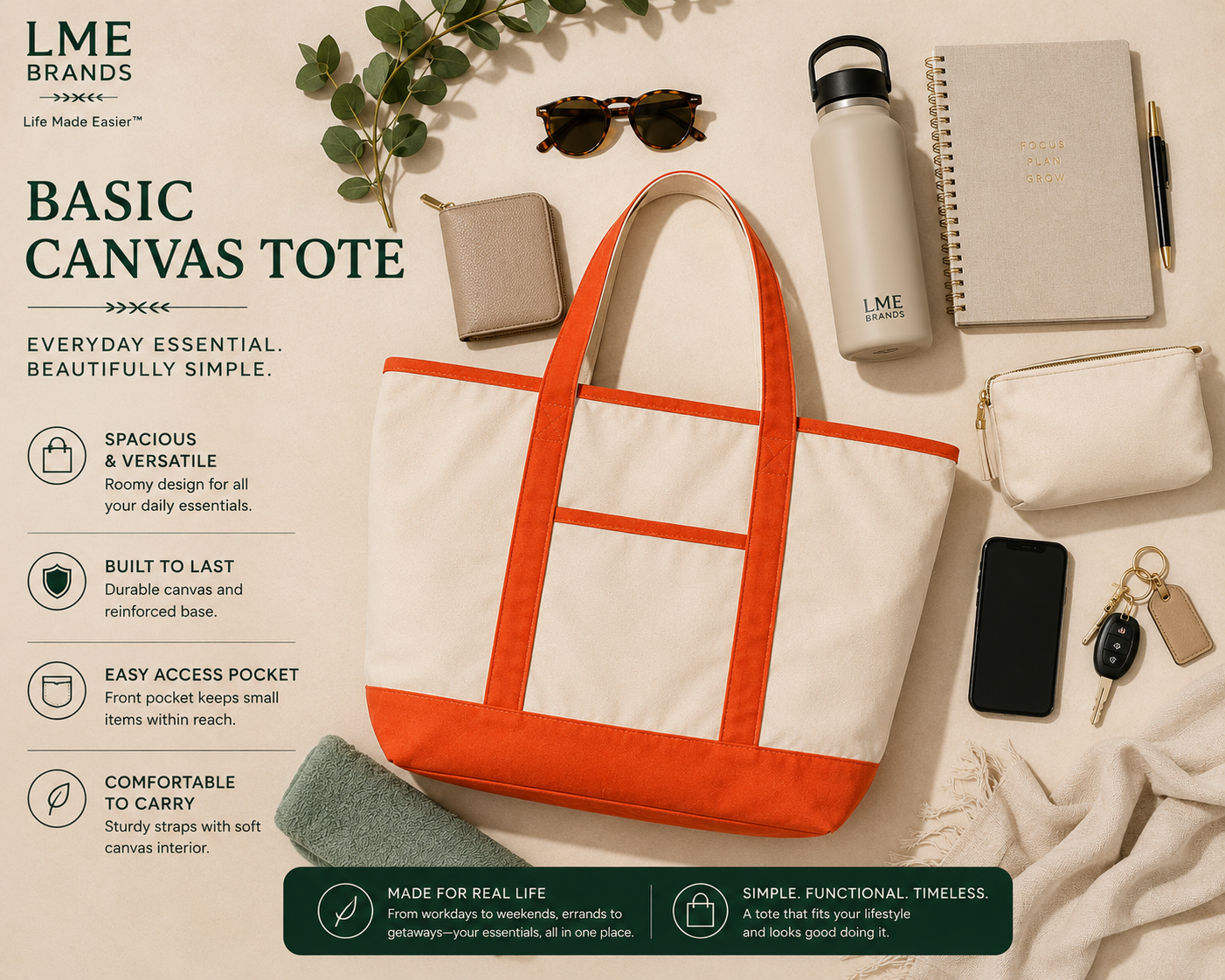 Canvas Everyday Carry Tote Bag + Zippered Organizer Bundle — Work to Studio Carry-All & Active Lifestyle Bag