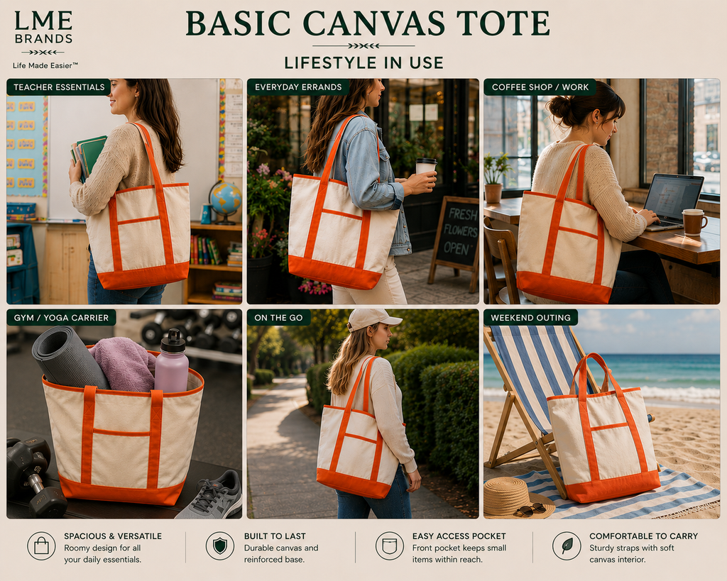 Canvas Everyday Carry Tote Bag + Zippered Organizer Bundle — Work to Studio Carry-All & Active Lifestyle Bag