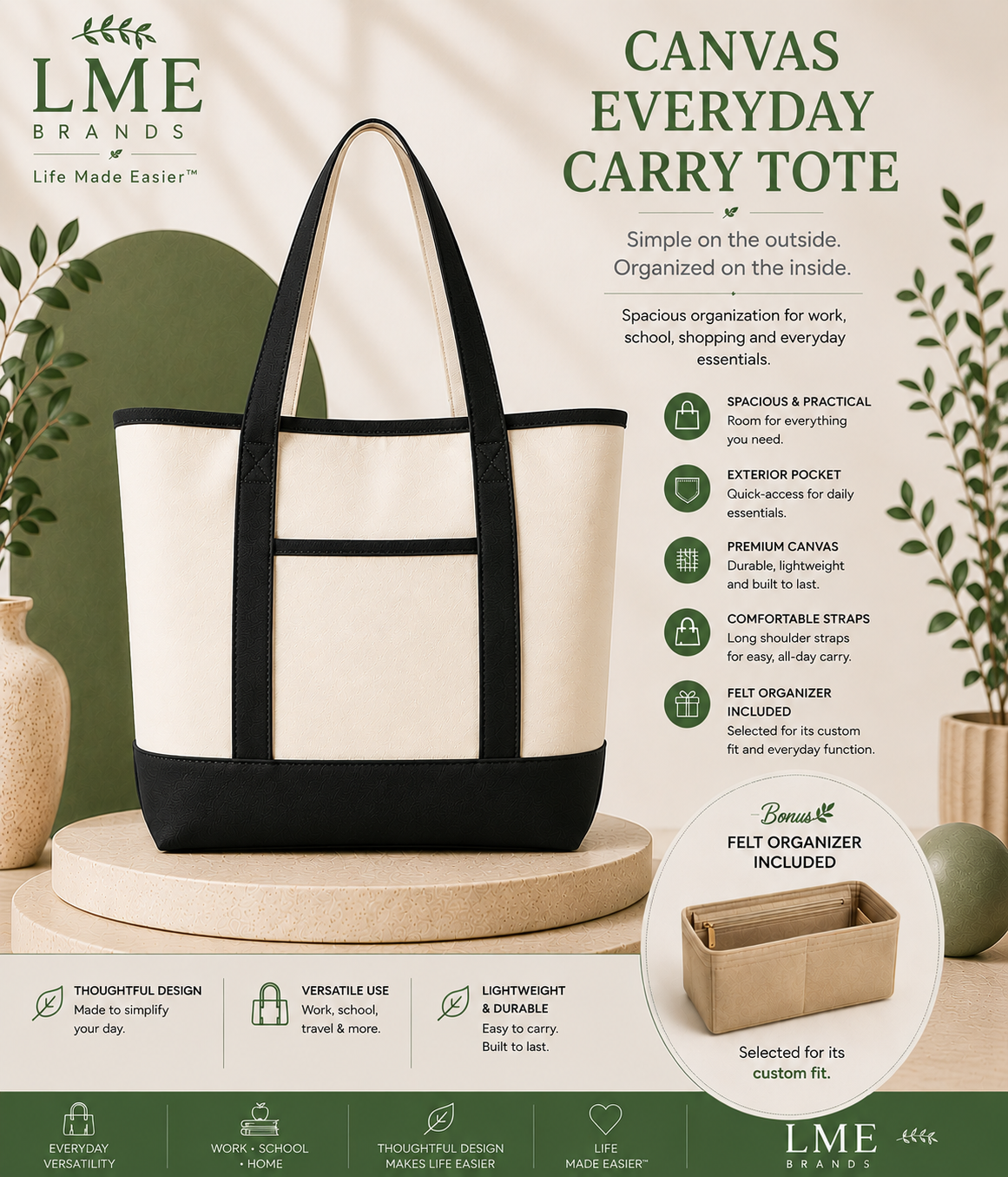 Canvas Everyday Carry Tote Bag + Zippered Organizer Bundle — Work to Studio Carry-All & Active Lifestyle Bag