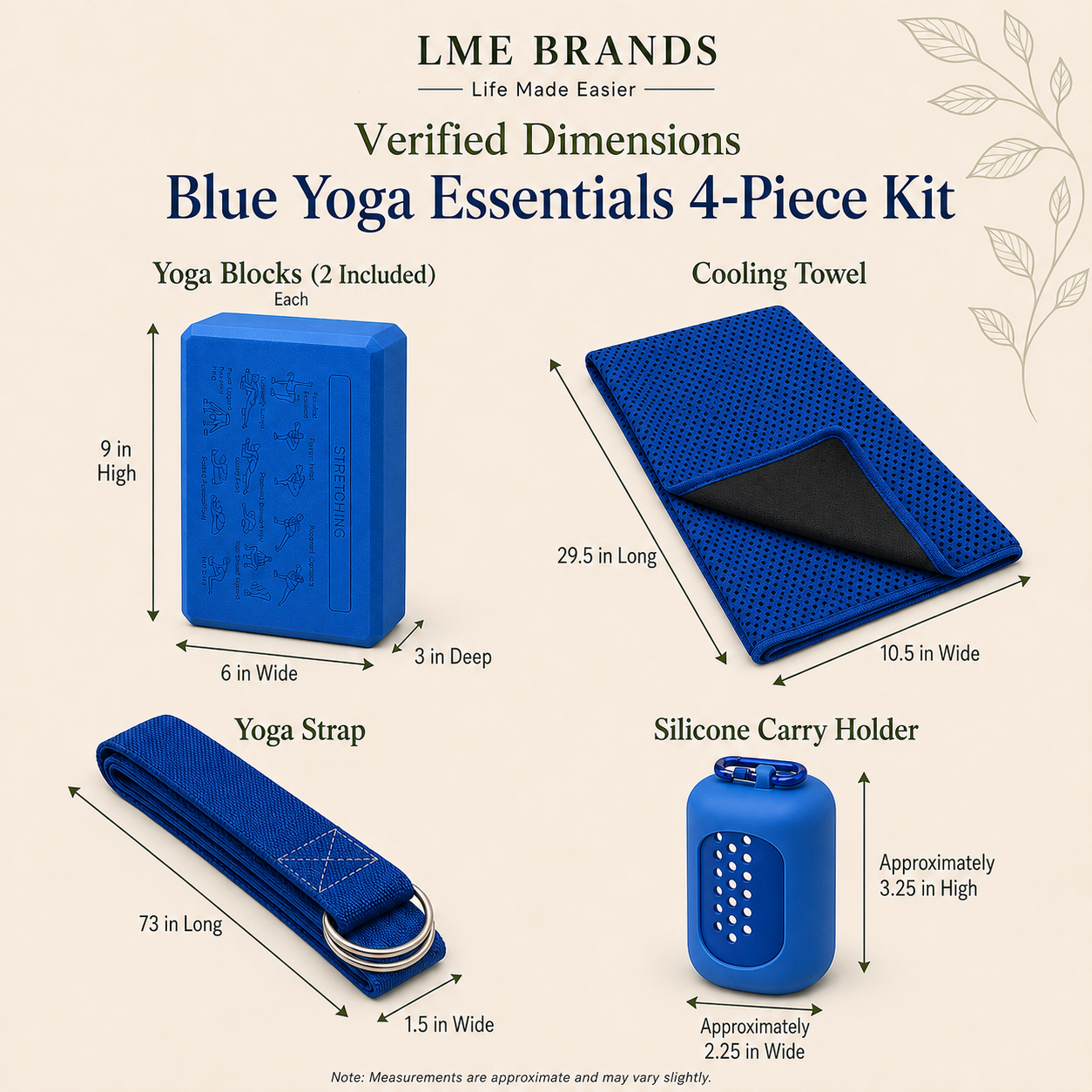 Blue Yoga Essentials 4-Piece Beginners Kit – 2 Engraved Pose Yoga Blocks, Cooling Towel & Stretching Strap