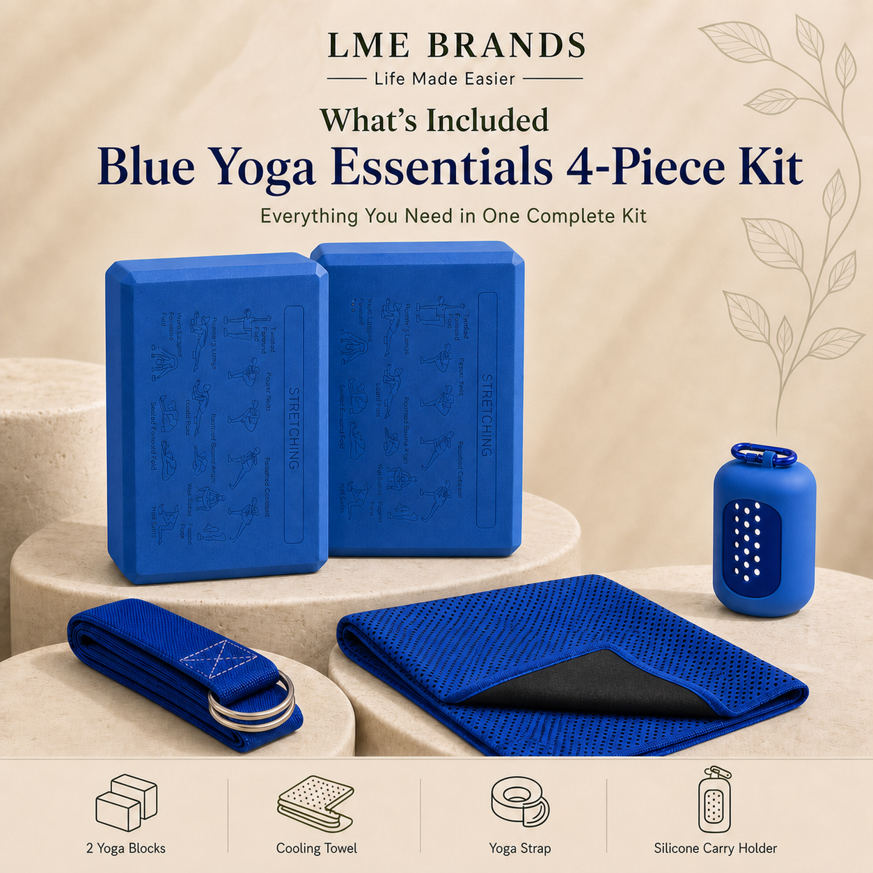 Blue Yoga Essentials 4-Piece Beginners Kit – 2 Engraved Pose Yoga Blocks, Cooling Towel & Stretching Strap