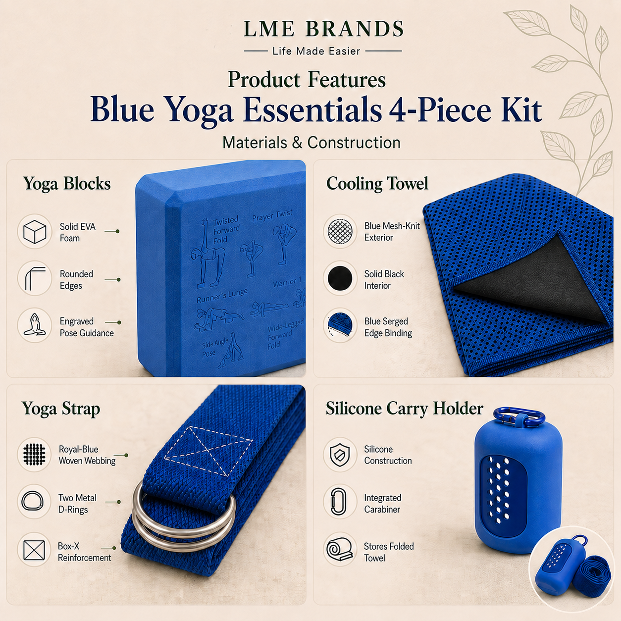 Blue Yoga Essentials 4-Piece Beginners Kit – 2 Engraved Pose Yoga Blocks, Cooling Towel & Stretching Strap