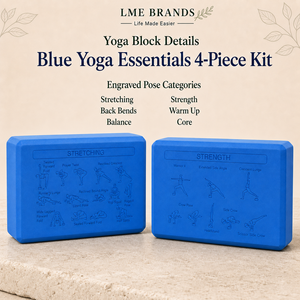 Blue Yoga Essentials 4-Piece Beginners Kit – 2 Engraved Pose Yoga Blocks, Cooling Towel & Stretching Strap
