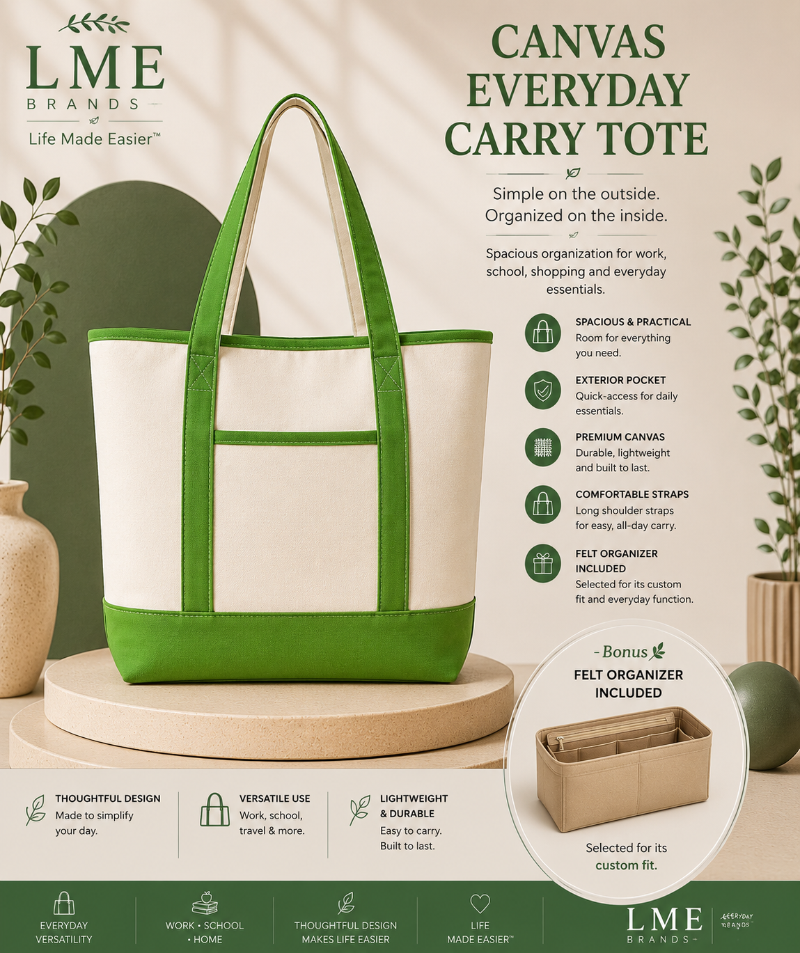 Canvas Everyday Carry Tote Bag + Zippered Organizer Bundle — Work to Studio Carry-All & Active Lifestyle Bag