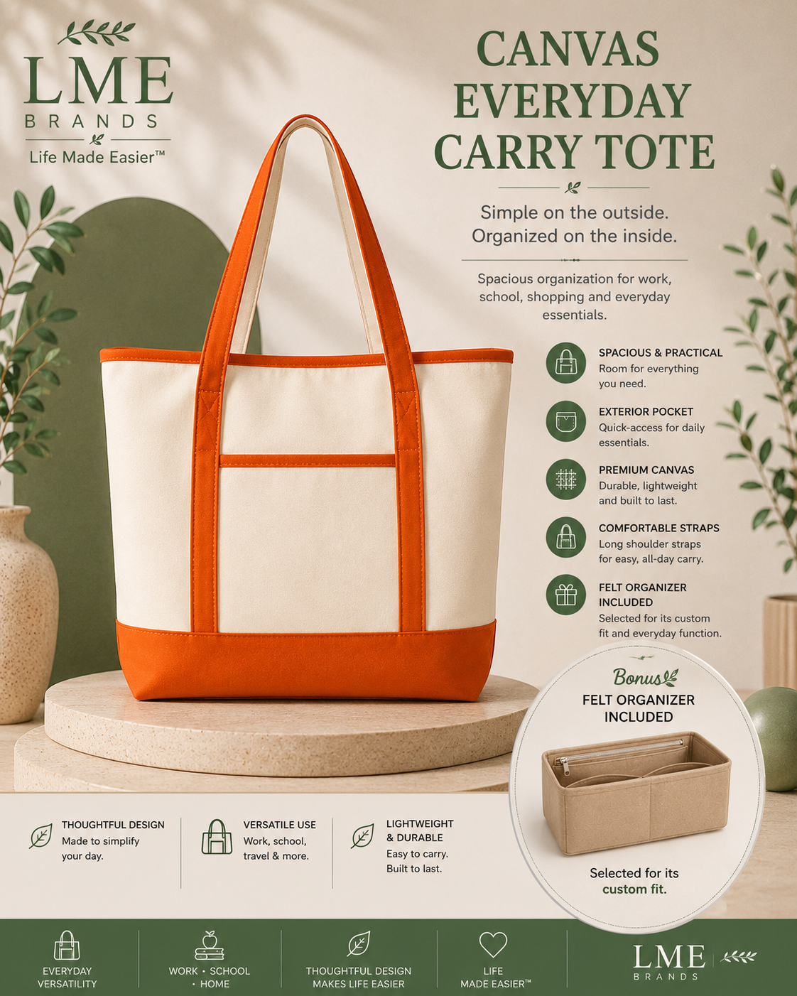 Canvas Everyday Carry Tote Bag + Zippered Organizer Bundle — Work to Studio Carry-All & Active Lifestyle Bag