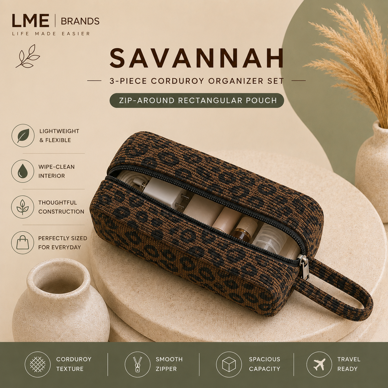 Savannah 3-Piece Corduroy Organizer Set | Cosmetic, Travel & Everyday Pouches