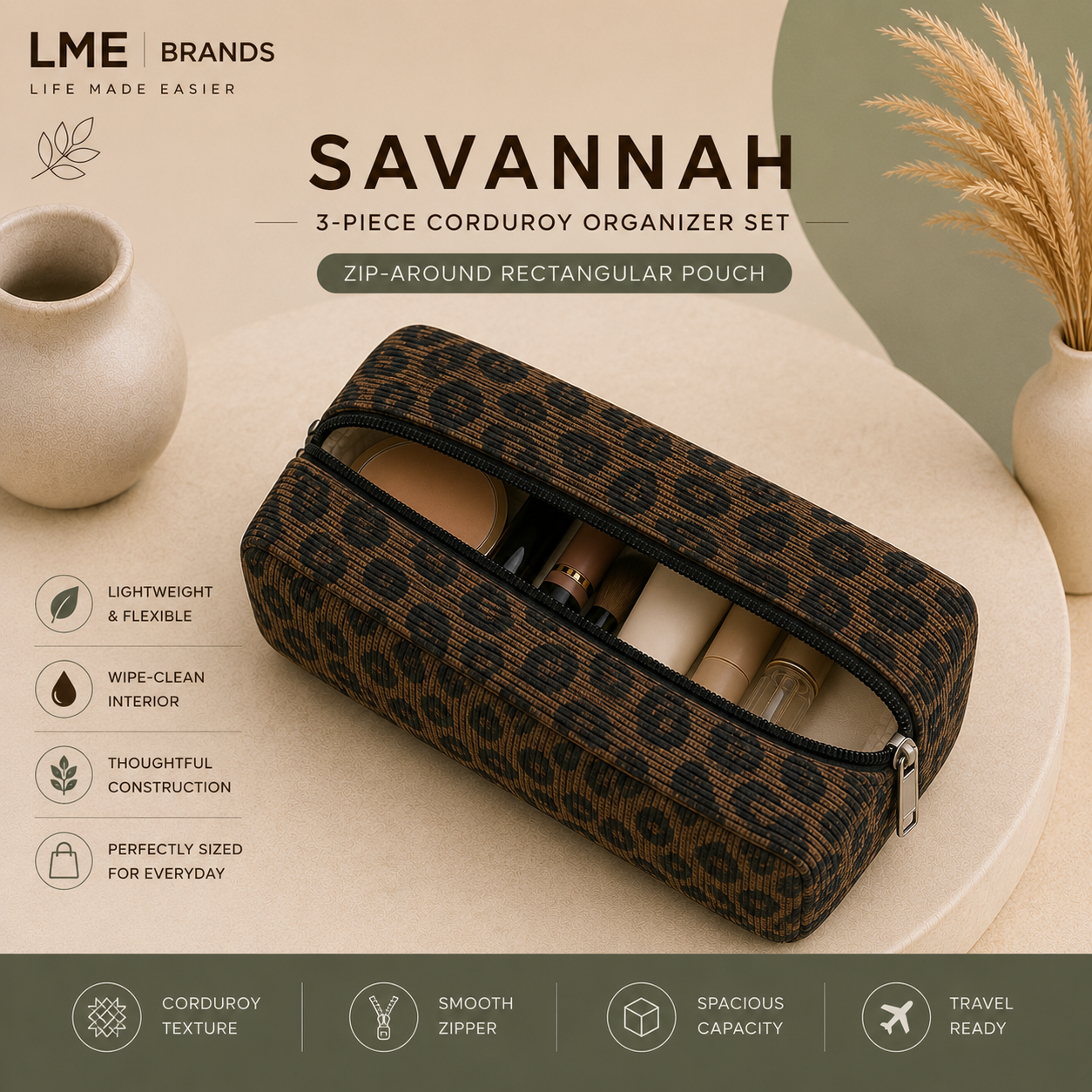 Savannah 3-Piece Corduroy Organizer Set | Cosmetic, Travel & Everyday Pouches