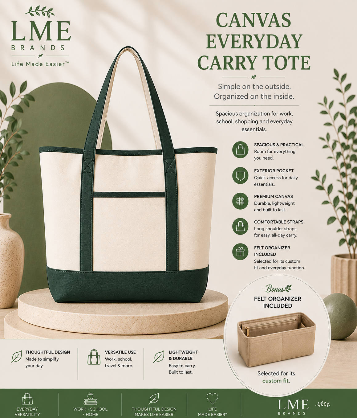 Canvas Everyday Carry Tote Bag + Zippered Organizer Bundle — Work to Studio Carry-All & Active Lifestyle Bag