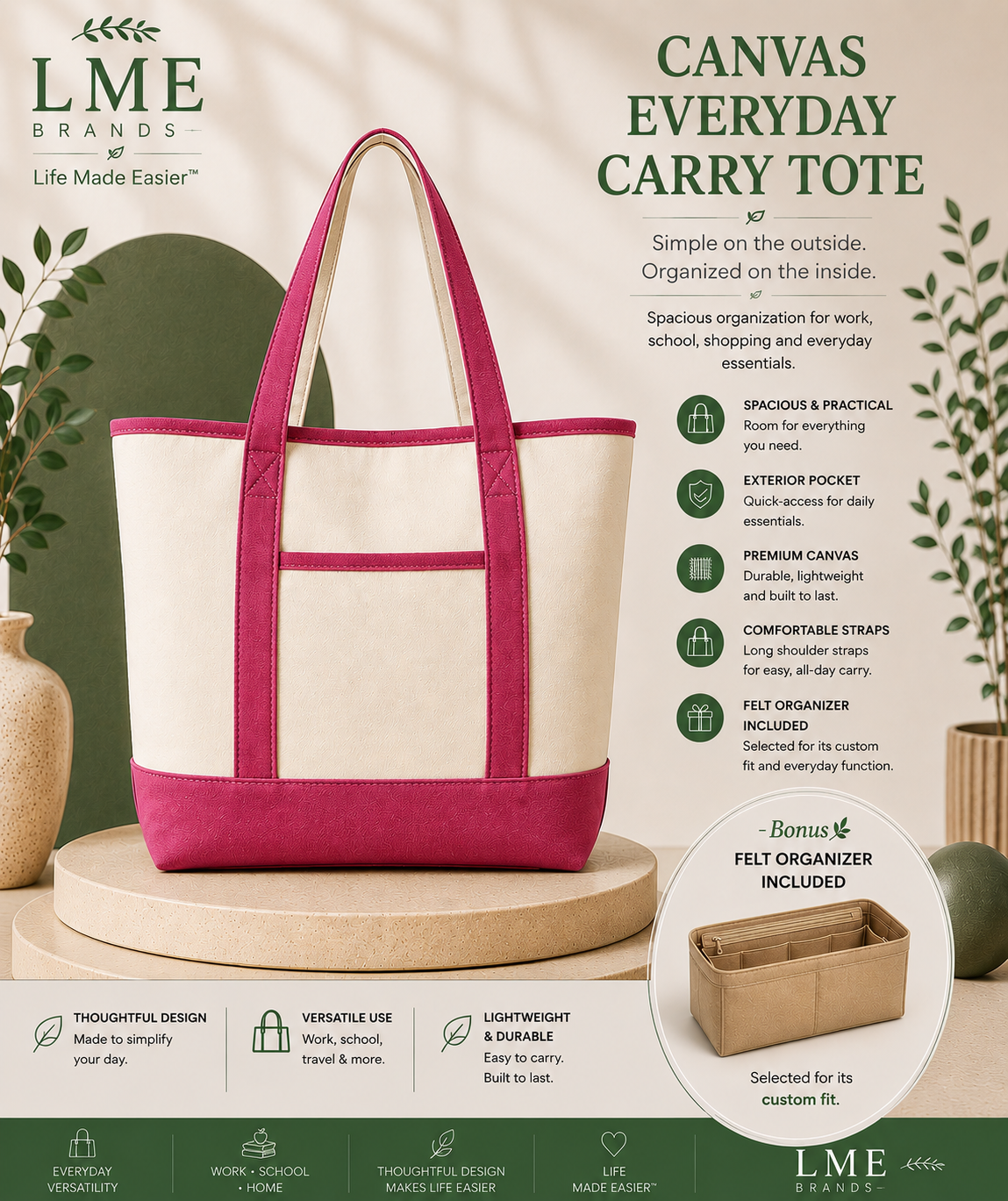 Canvas Everyday Carry Tote Bag + Zippered Organizer Bundle — Work to Studio Carry-All & Active Lifestyle Bag