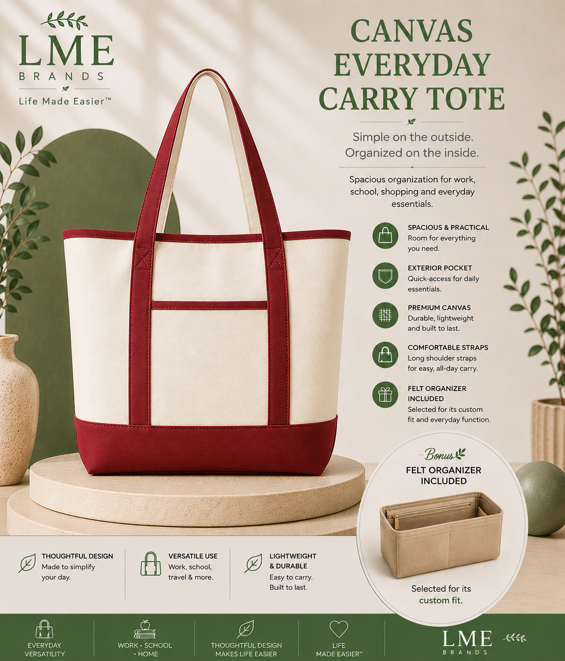 Canvas Everyday Carry Tote Bag + Zippered Organizer Bundle — Work to Studio Carry-All & Active Lifestyle Bag