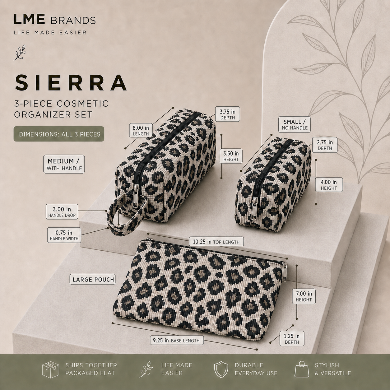 Sierra 3-Piece Leopard Organizer Set | Cosmetic, Travel & Everyday Pouches
