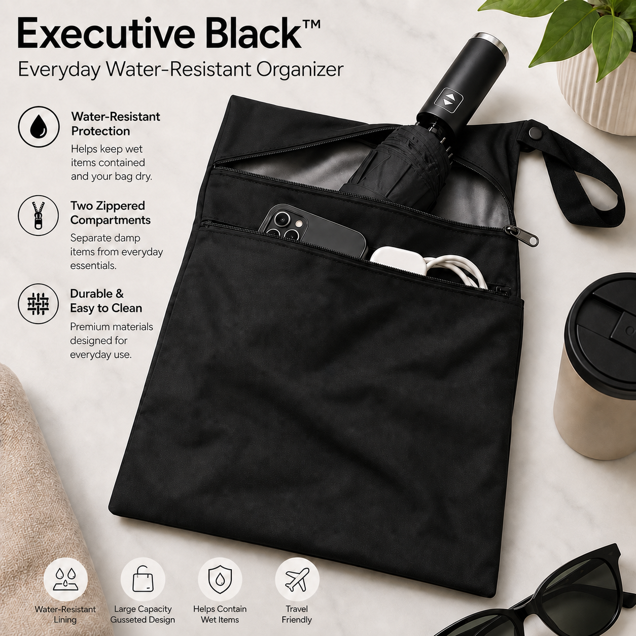 Executive Black Everyday Water-Resistant Organizer | Wet & Dry Bags