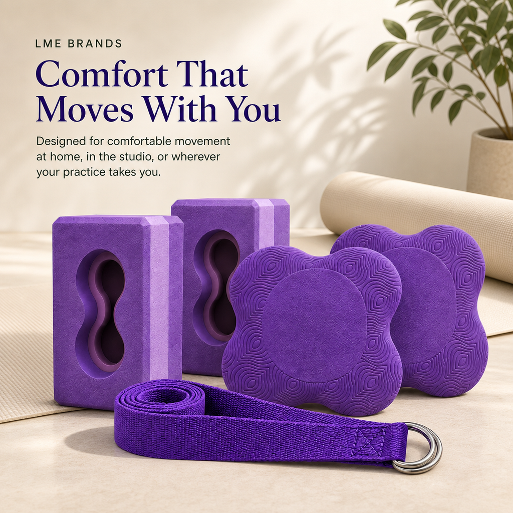 Purple Wrist Relief Yoga Support Set – 2 Yoga Blocks, Knee Pads & Stretching Strap