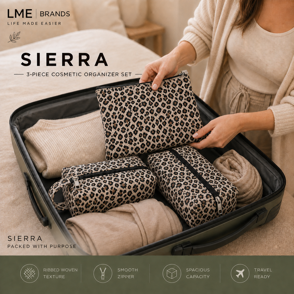 Sierra 3-Piece Leopard Organizer Set | Cosmetic, Travel & Everyday Pouches