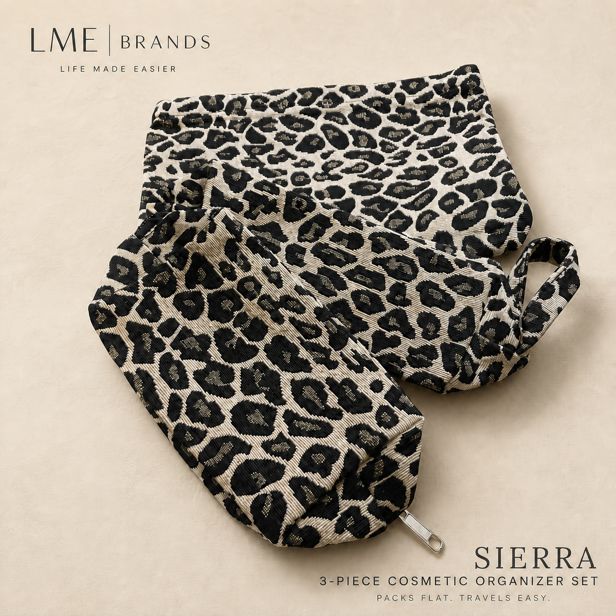 Sierra 3-Piece Leopard Organizer Set | Cosmetic, Travel & Everyday Pouches