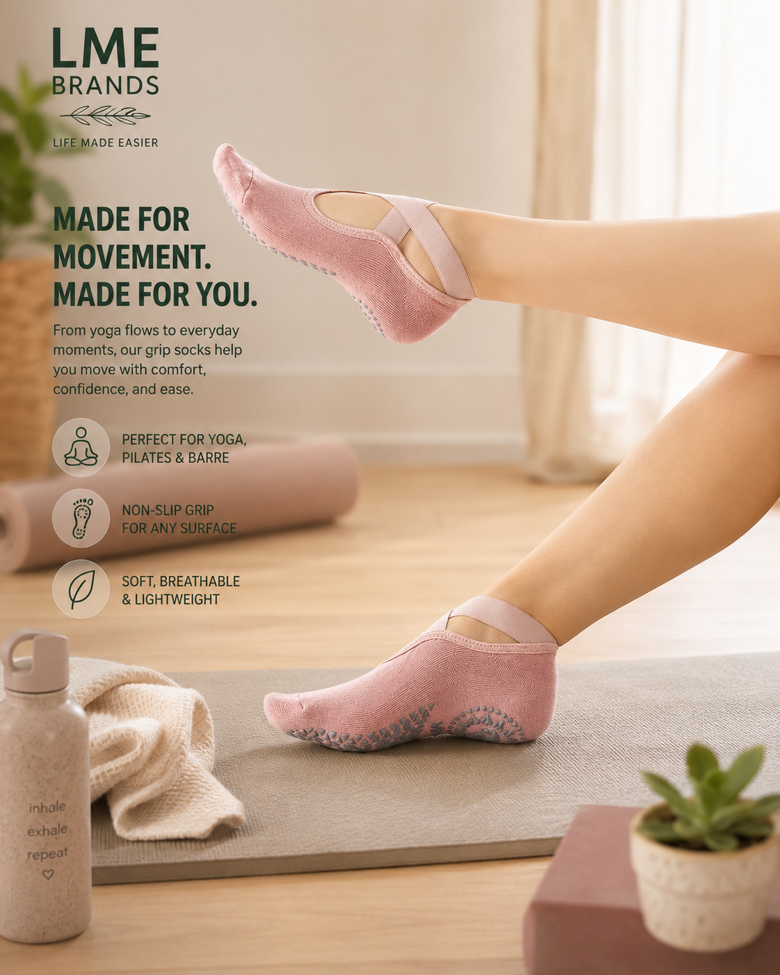 Solid Color Grip Yoga Socks with Straps 2-Pack + Bonus Cooling Towel
