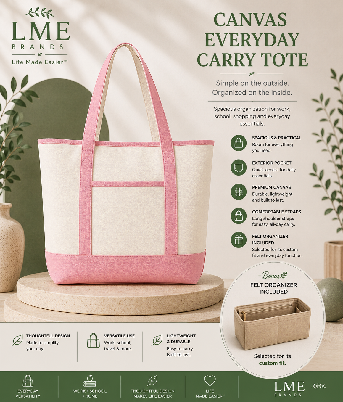 Canvas Everyday Carry Tote Bag + Zippered Organizer Bundle — Work to Studio Carry-All & Active Lifestyle Bag