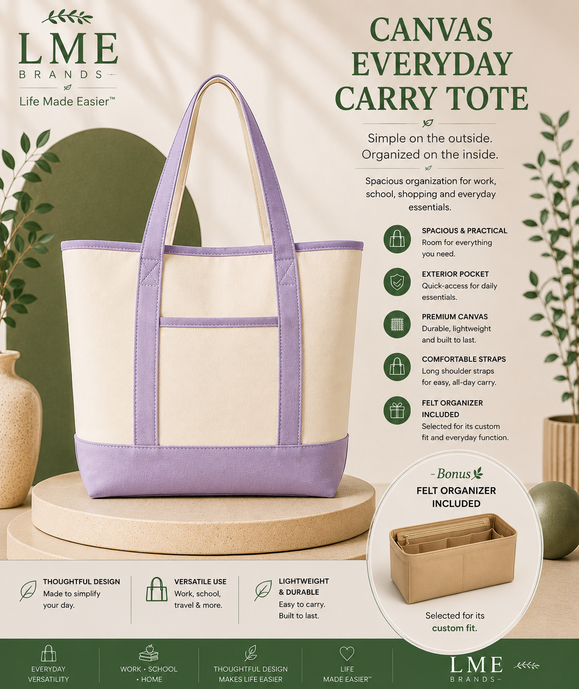Canvas Everyday Carry Tote Bag + Zippered Organizer Bundle — Work to Studio Carry-All & Active Lifestyle Bag