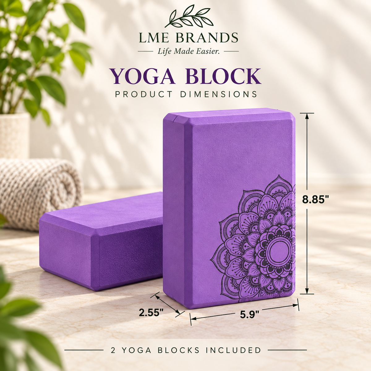 Purple Mandala Yoga Blocks Bundle — 2 Blocks, 2 Support Pads & Collapsible Bottle