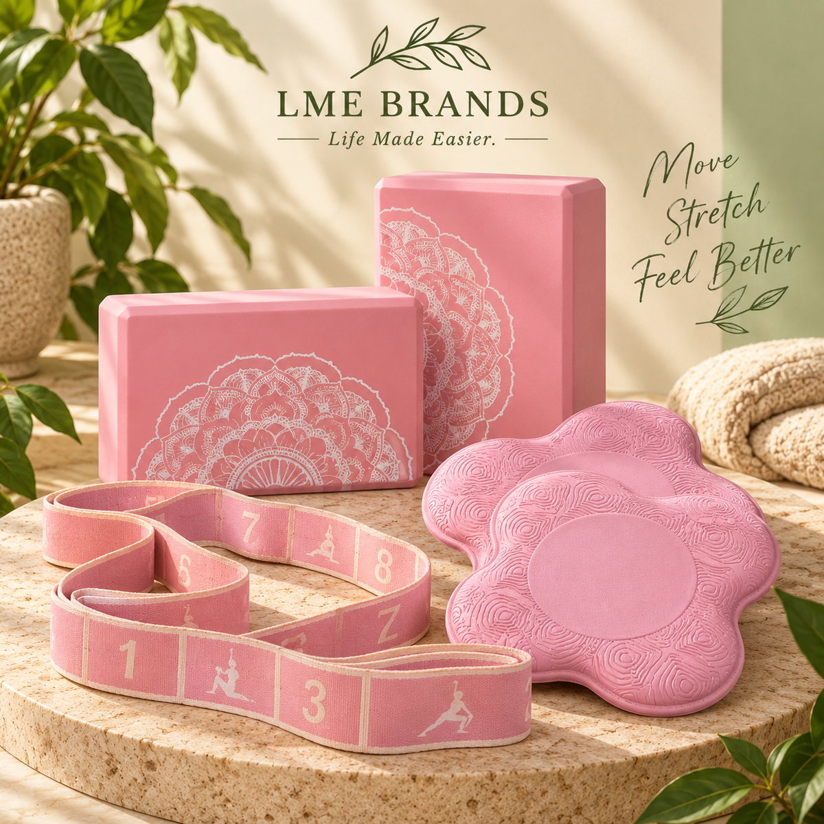 Pink Mandala Yoga Blocks Bundle — 2 Blocks, 2 Support Pads & 8-Section Stretching Strap