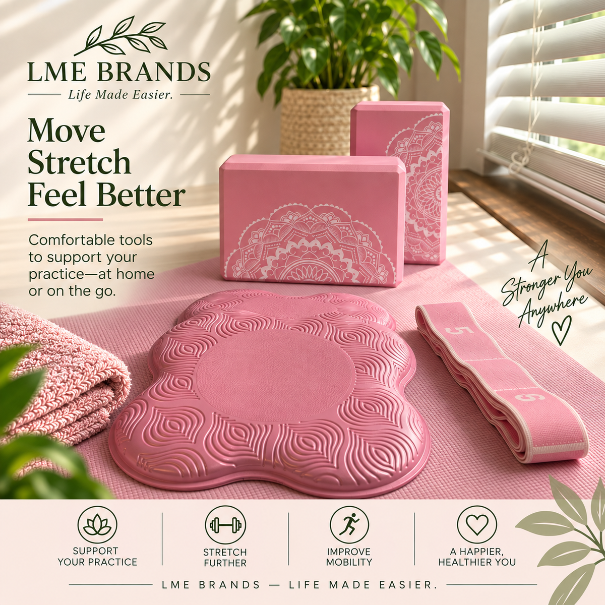 Pink Mandala Yoga Blocks Bundle — 2 Blocks, 2 Support Pads & 8-Section Stretching Strap