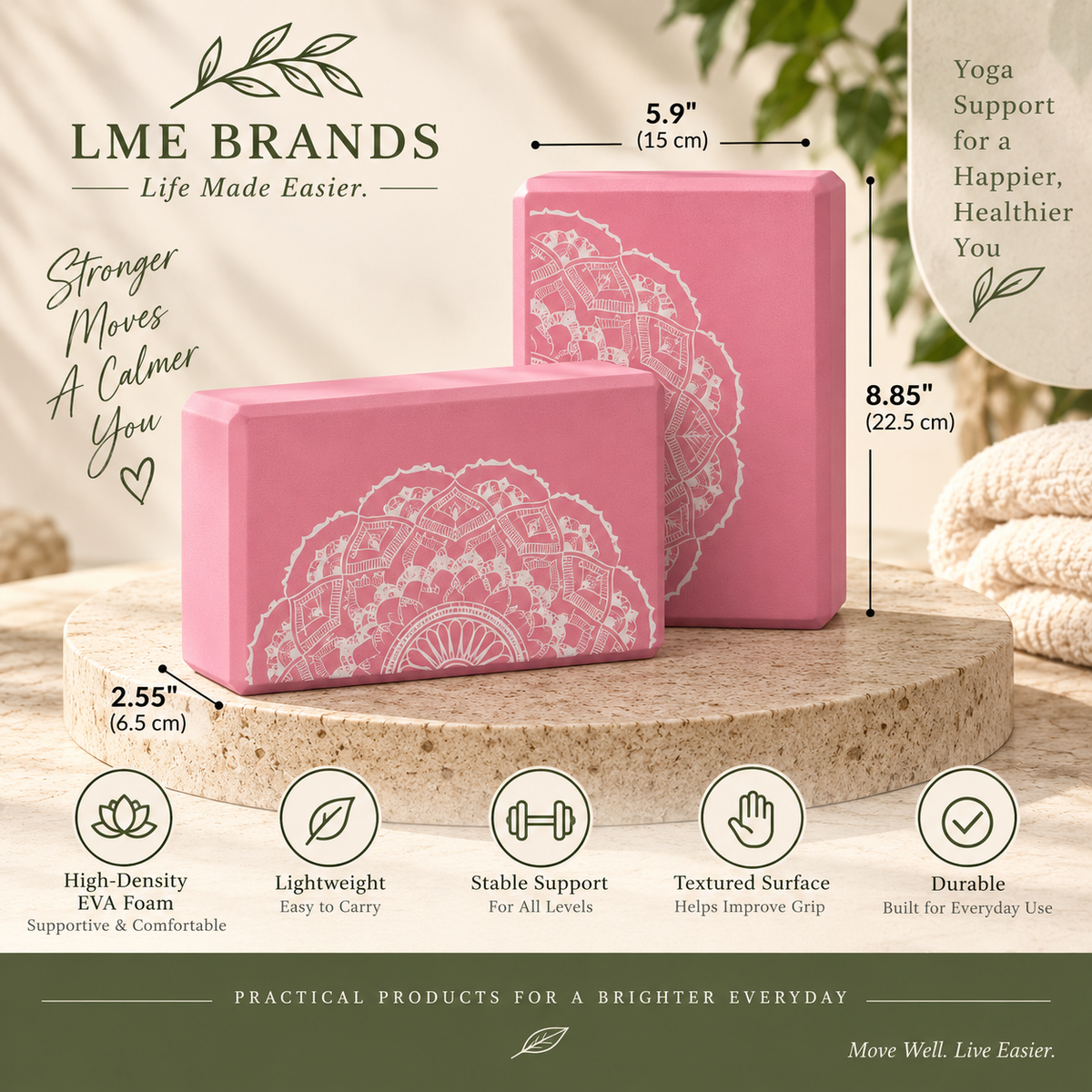 Pink Mandala Yoga Blocks Bundle — 2 Blocks, 2 Support Pads & 8-Section Stretching Strap