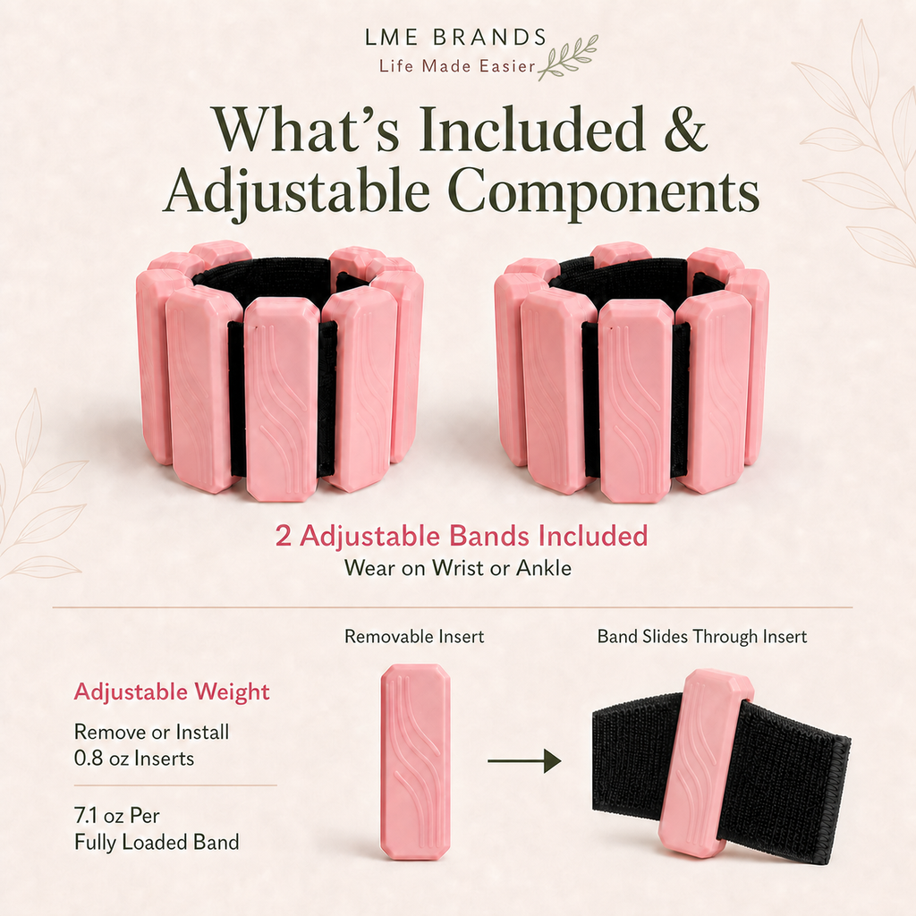 Pink Adjustable Wrist & Ankle Weights 2-Piece Pair + 5-Level Resistance Band Set, Bonus Cooling Towel