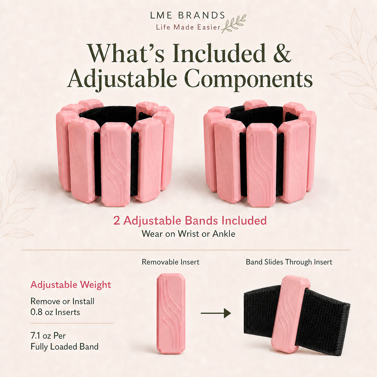 Pink Adjustable Wrist & Ankle Weights 2-Piece Pair + 5-Level Resistance Band Set, Bonus Cooling Towel