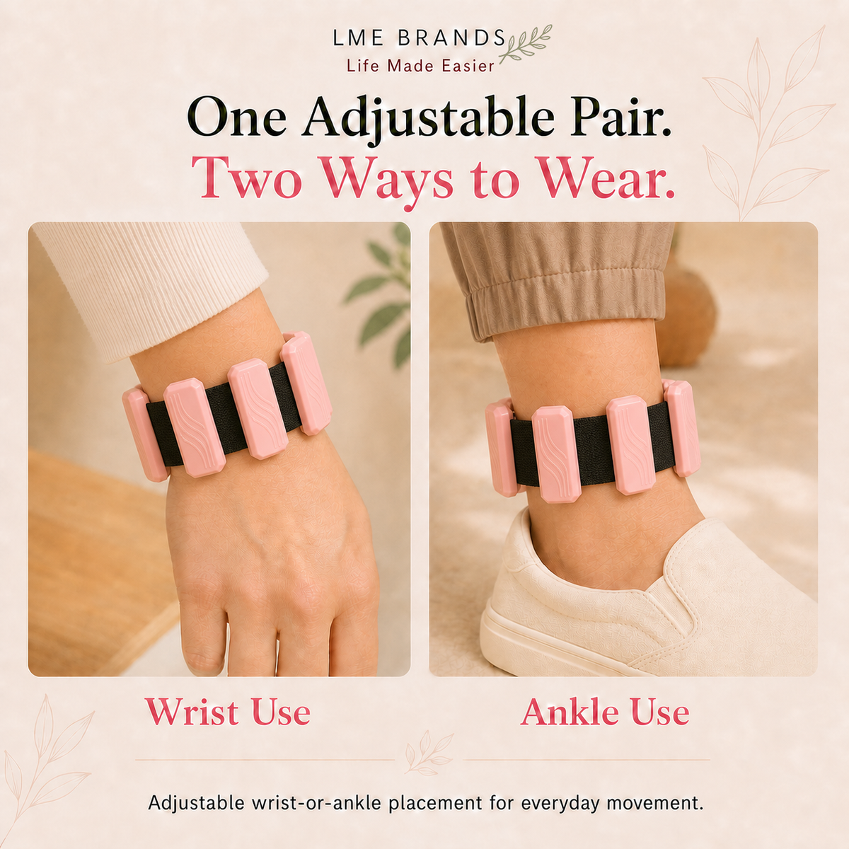 Pink Adjustable Wrist & Ankle Weights 2-Piece Pair + 5-Level Resistance Band Set, Bonus Cooling Towel