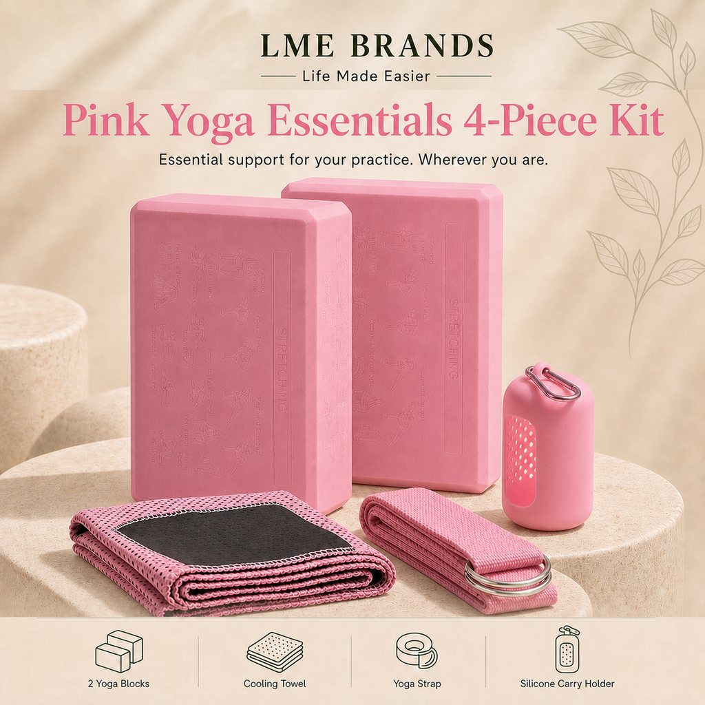 Pink Yoga Essentials 4-Piece Beginners Kit – 2 Yoga Blocks, Cooling Towel & Stretching Strap