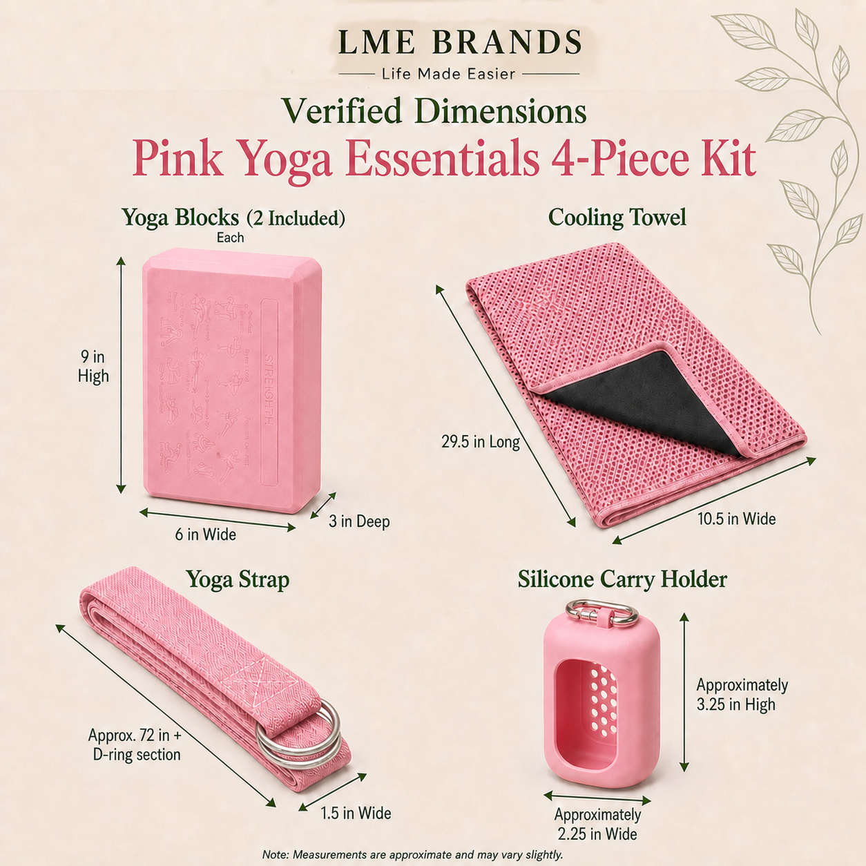 Pink Yoga Essentials 4-Piece Beginners Kit – 2 Yoga Blocks, Cooling Towel & Stretching Strap