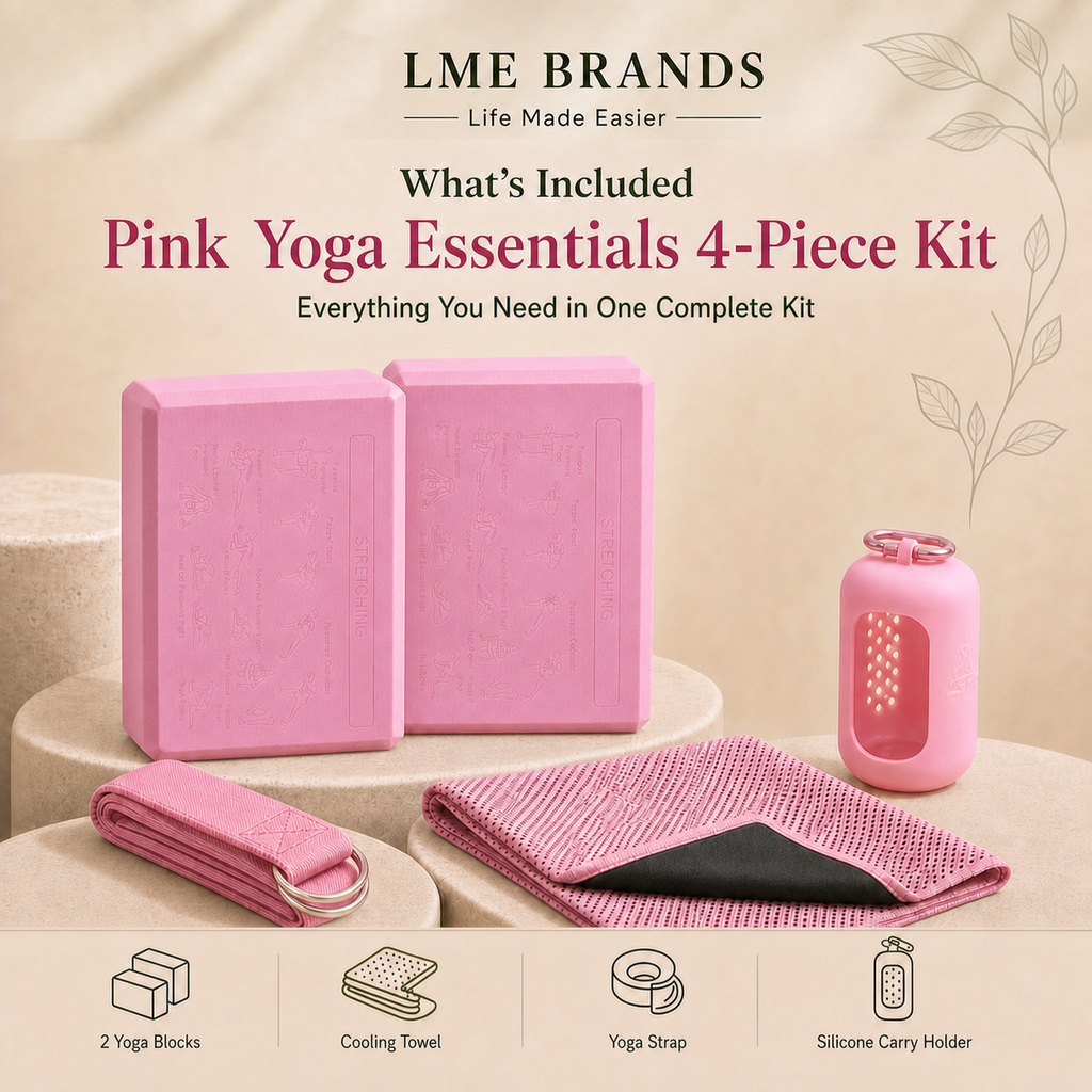 Pink Yoga Essentials 4-Piece Beginners Kit – 2 Yoga Blocks, Cooling Towel & Stretching Strap