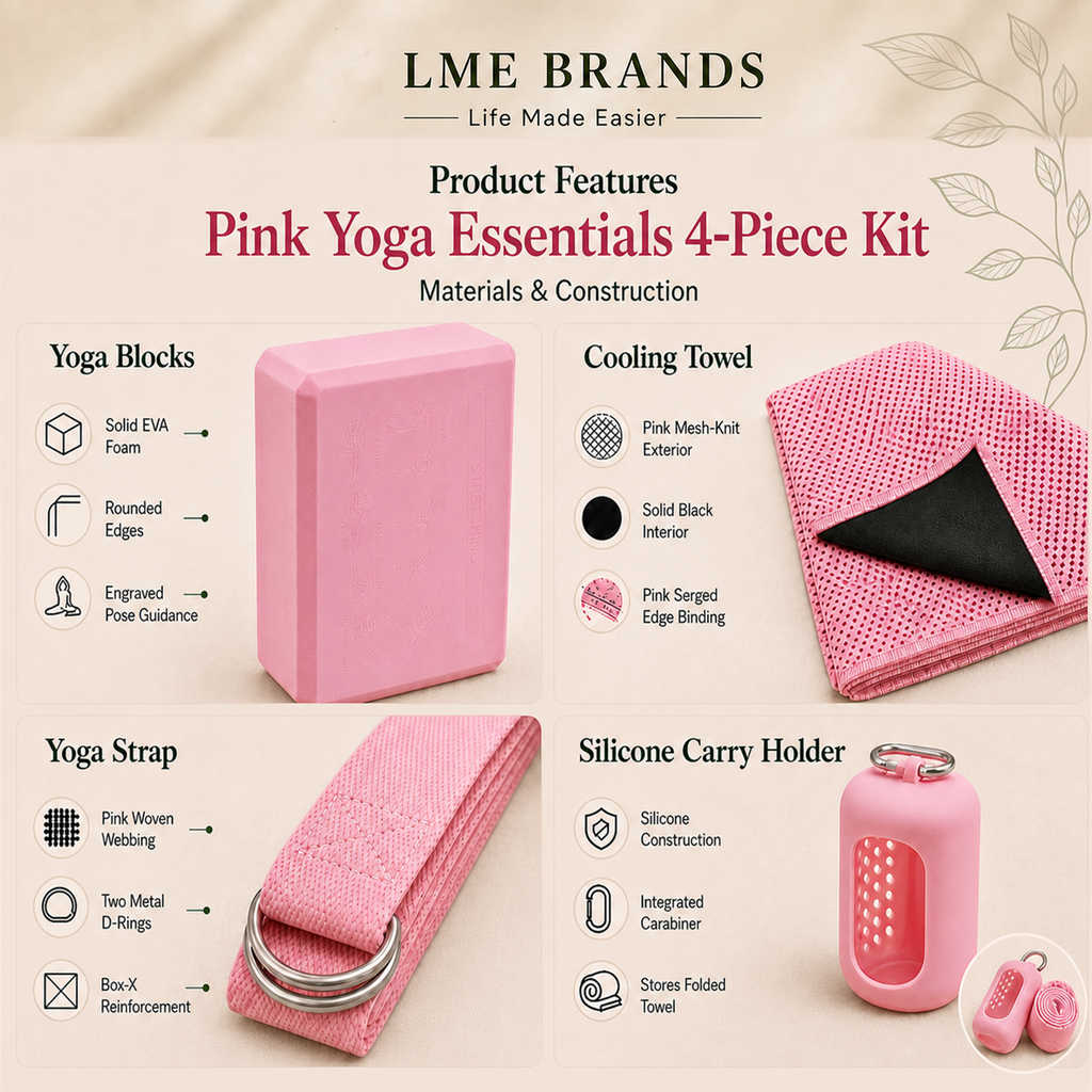 Pink Yoga Essentials 4-Piece Beginners Kit – 2 Yoga Blocks, Cooling Towel & Stretching Strap
