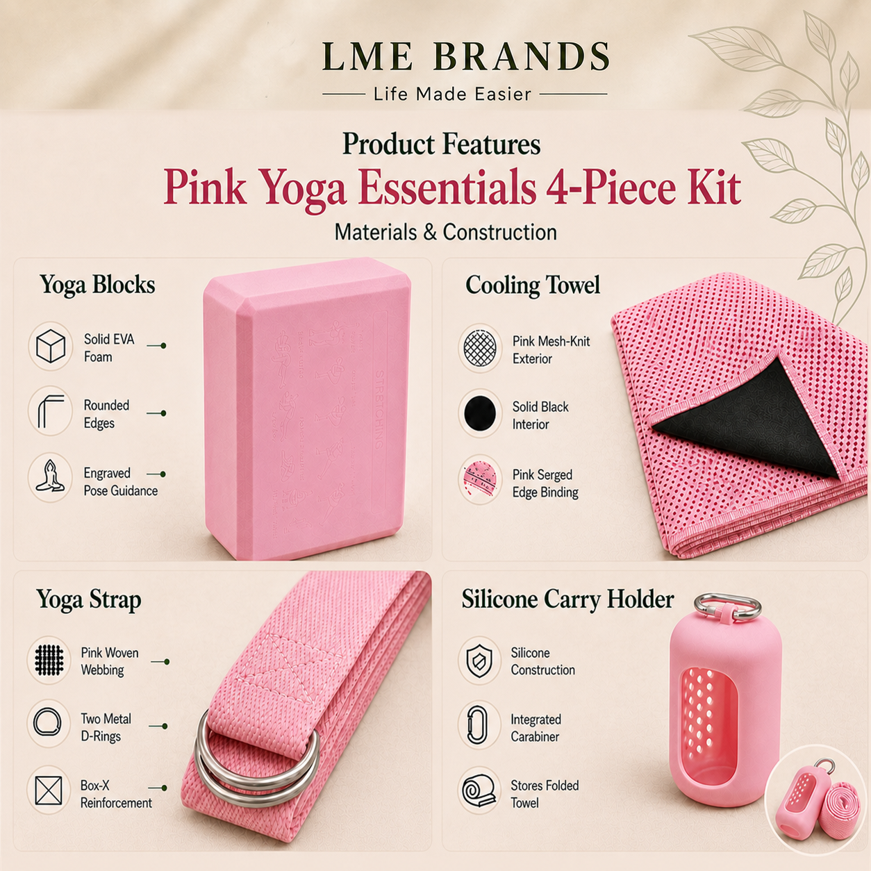 Pink Yoga Essentials 4-Piece Beginners Kit – 2 Yoga Blocks, Cooling Towel & Stretching Strap