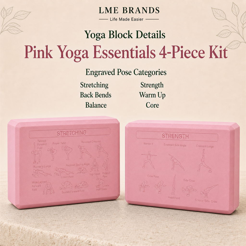 Pink Yoga Essentials 4-Piece Beginners Kit – 2 Yoga Blocks, Cooling Towel & Stretching Strap