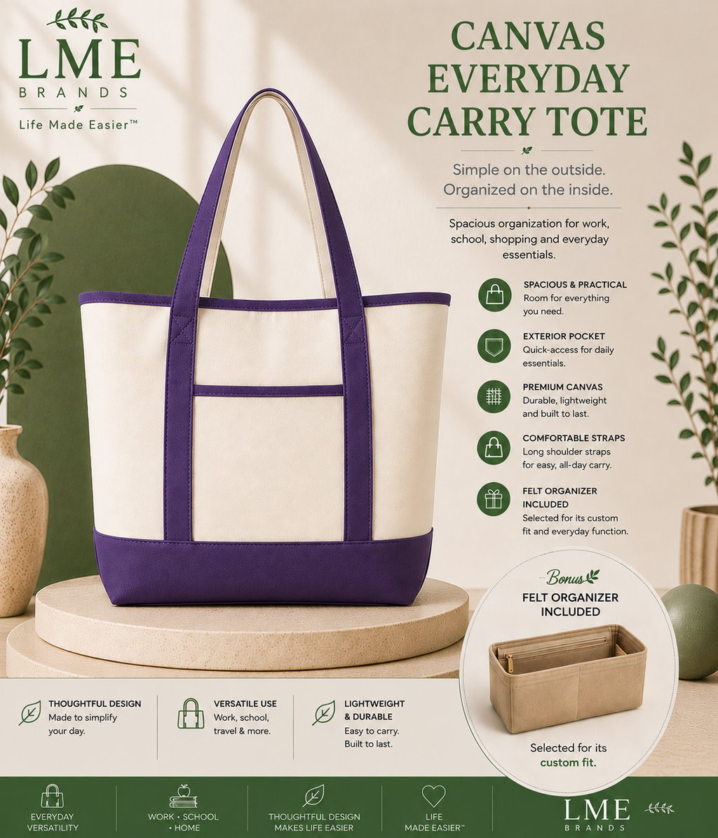 Canvas Everyday Carry Tote Bag + Zippered Organizer Bundle — Work to Studio Carry-All & Active Lifestyle Bag