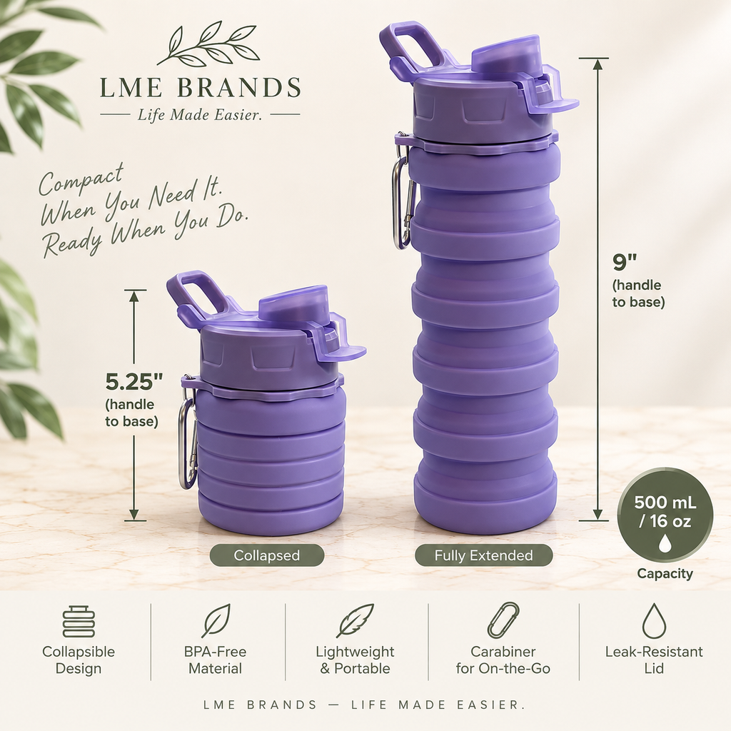Purple collapsible water bottle included with the Mandala Yoga Blocks Bundle