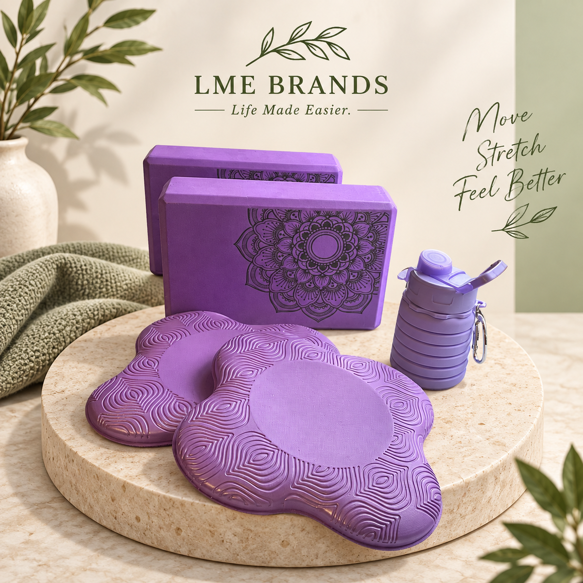 Purple Mandala Yoga Blocks Bundle with two blocks, two contoured support pads, and a collapsible water bottle
