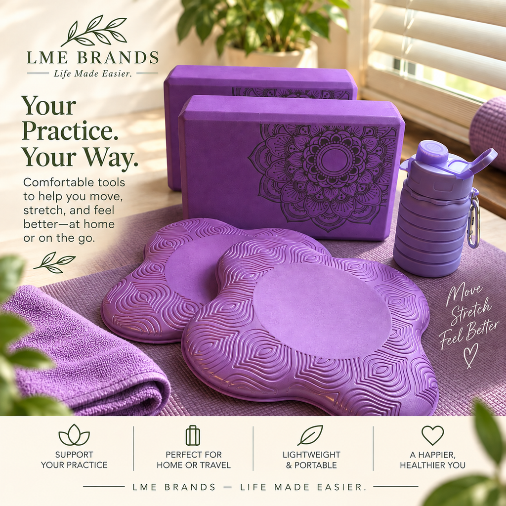 Purple mandala yoga blocks and support pads styled for a home yoga practice