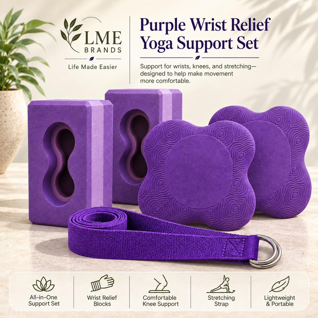 Purple Wrist Relief Yoga Support Set – 2 Yoga Blocks, Knee Pads & Stretching Strap