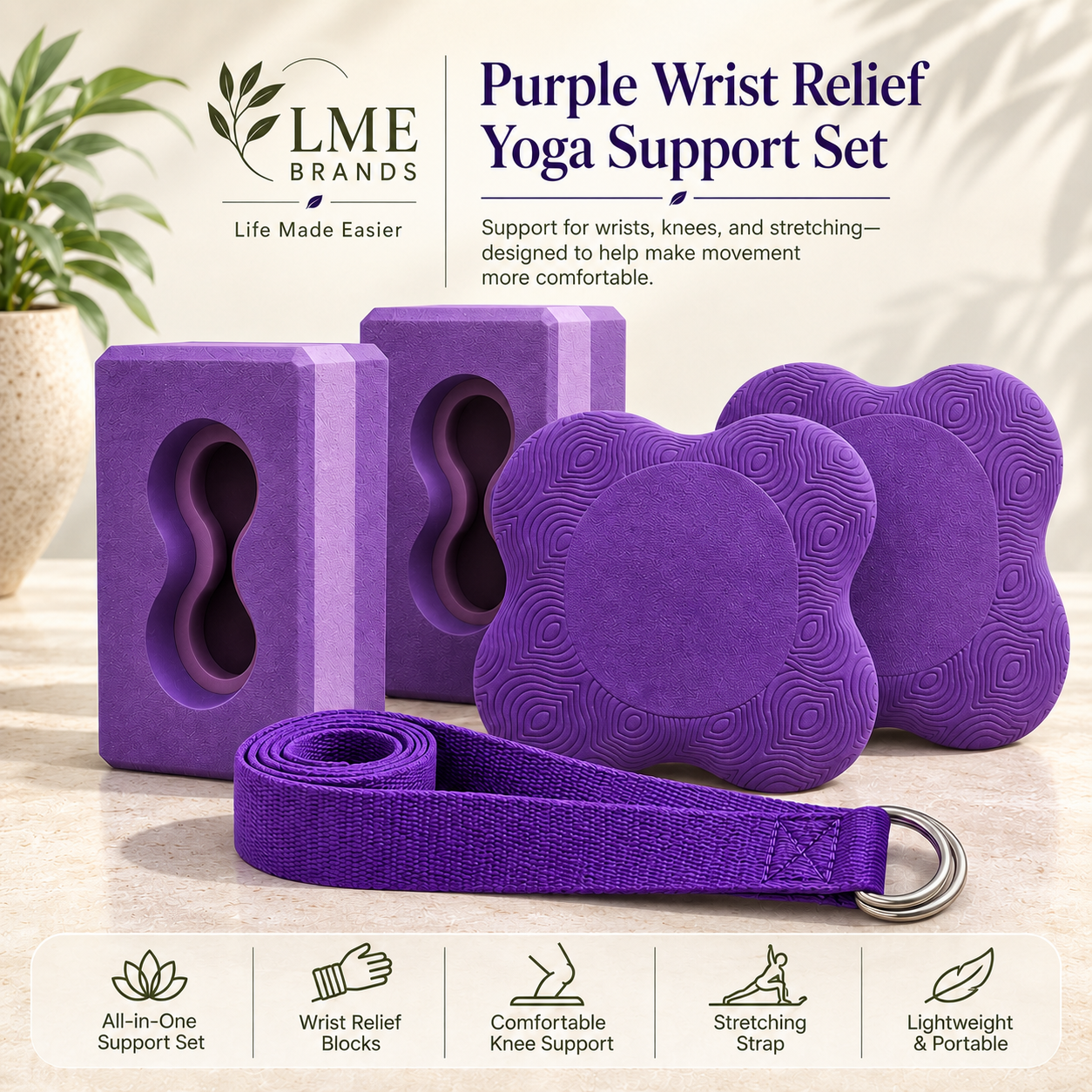 Purple Wrist Relief Yoga Support Set – 2 Yoga Blocks, Knee Pads & Stretching Strap