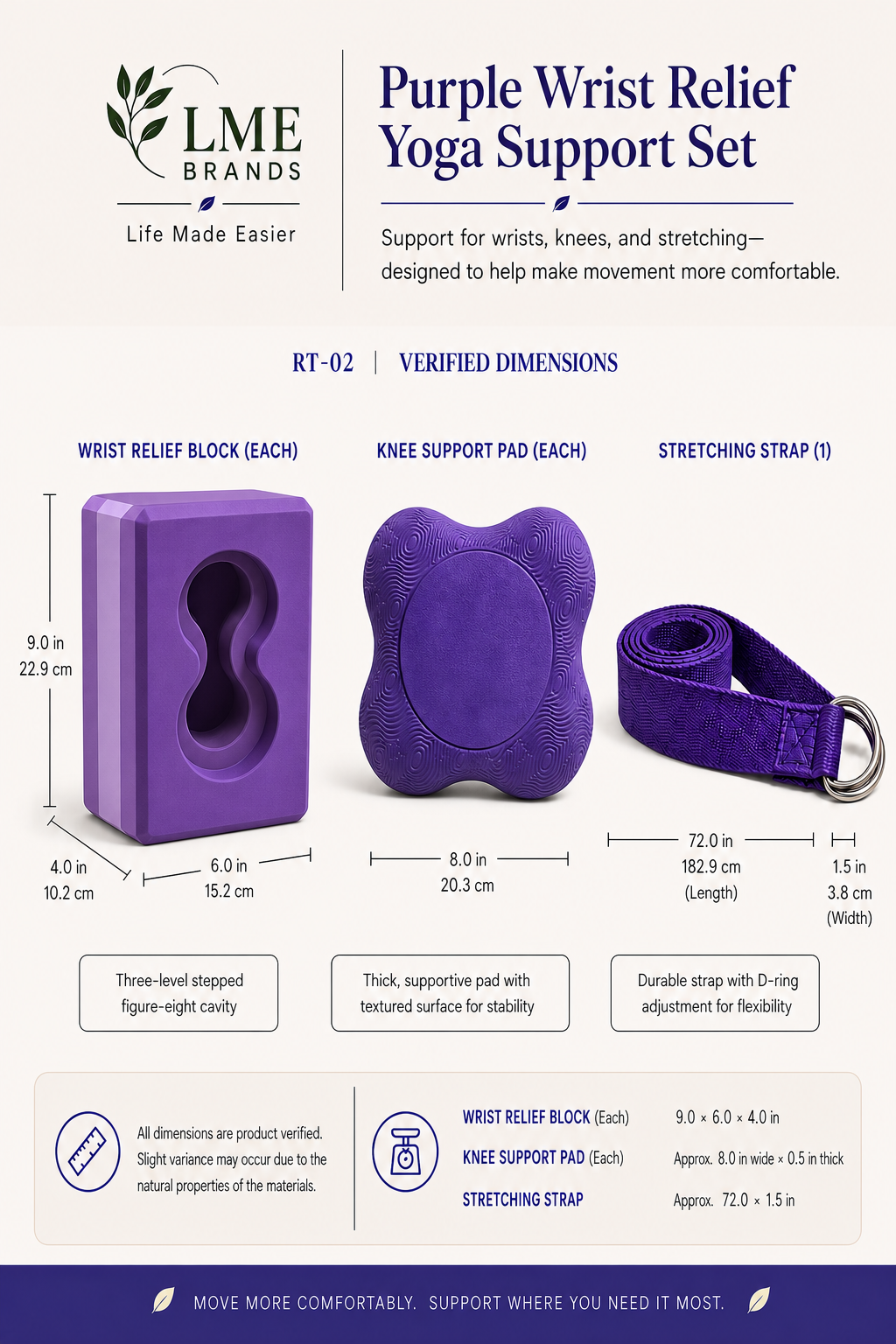 Purple Wrist Relief Yoga Support Set – 2 Yoga Blocks, Knee Pads & Stretching Strap