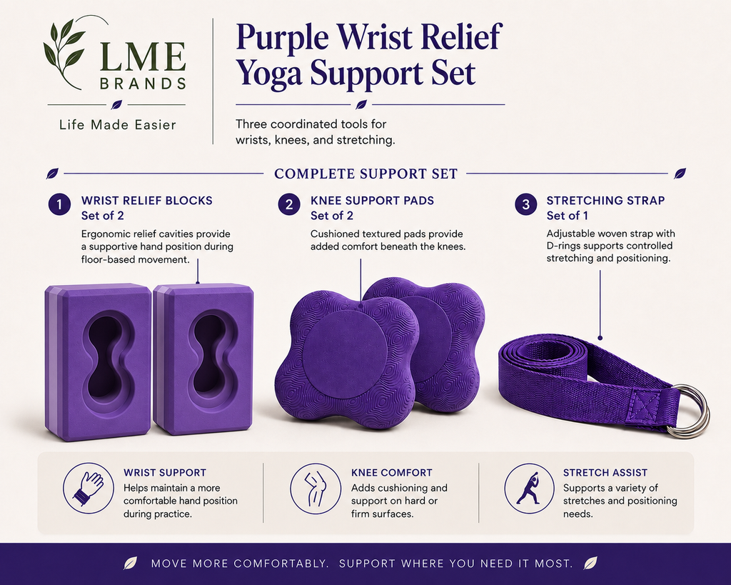 Purple Wrist Relief Yoga Support Set – 2 Yoga Blocks, Knee Pads & Stretching Strap