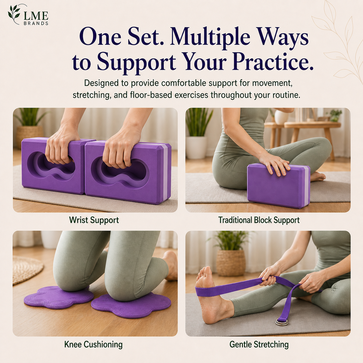 Purple Wrist Relief Yoga Support Set – 2 Yoga Blocks, Knee Pads & Stretching Strap
