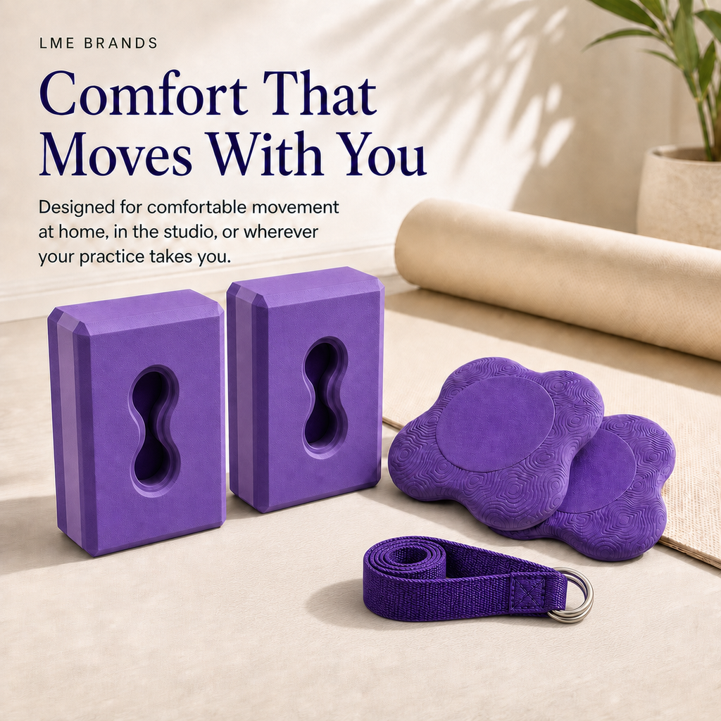 Purple Wrist Relief Yoga Support Set – 2 Yoga Blocks, Knee Pads & Stretching Strap