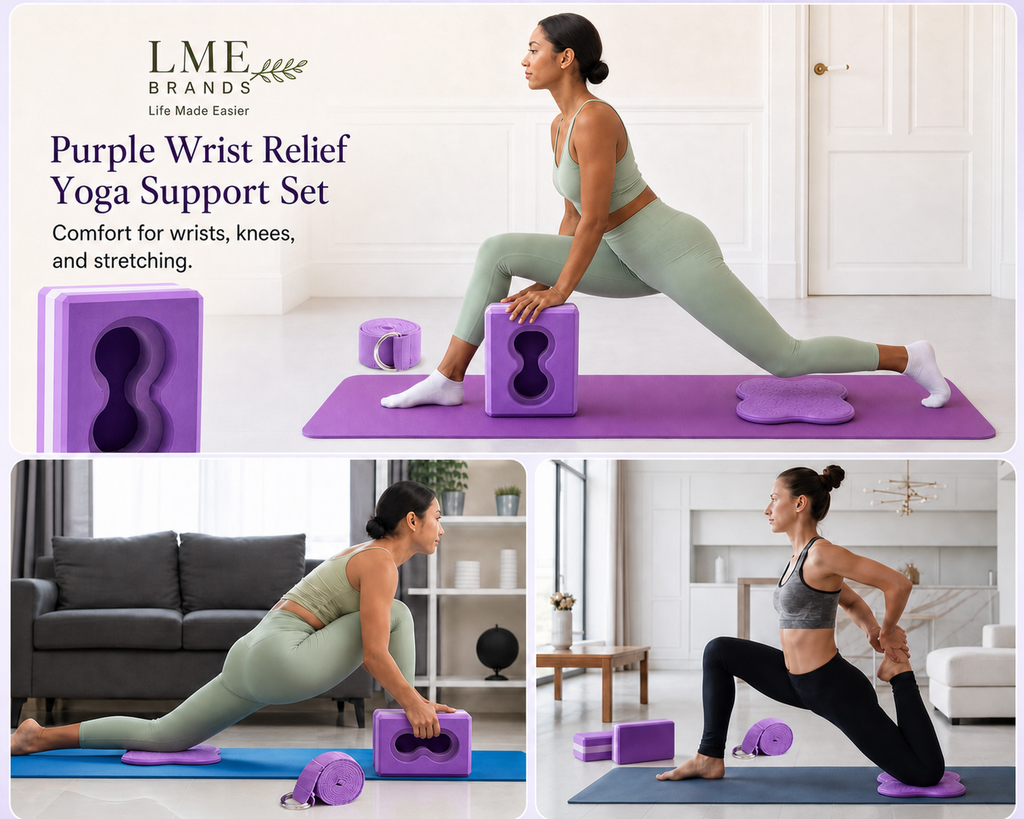 Purple Wrist Relief Yoga Support Set – 2 Yoga Blocks, 2 Knee Pads & Stretching Strap