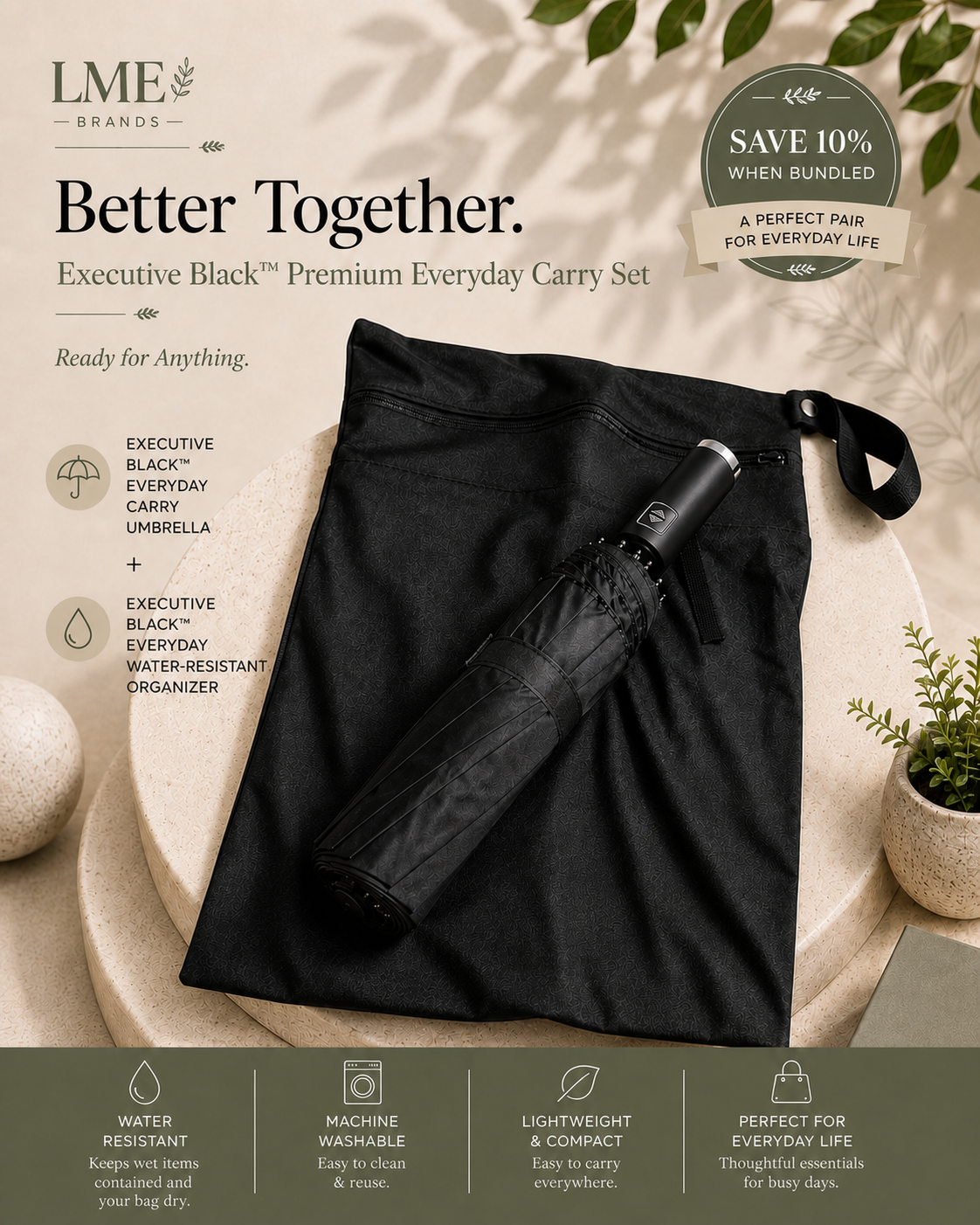 Executive Black Everyday Water-Resistant Organizer | Wet & Dry Bags