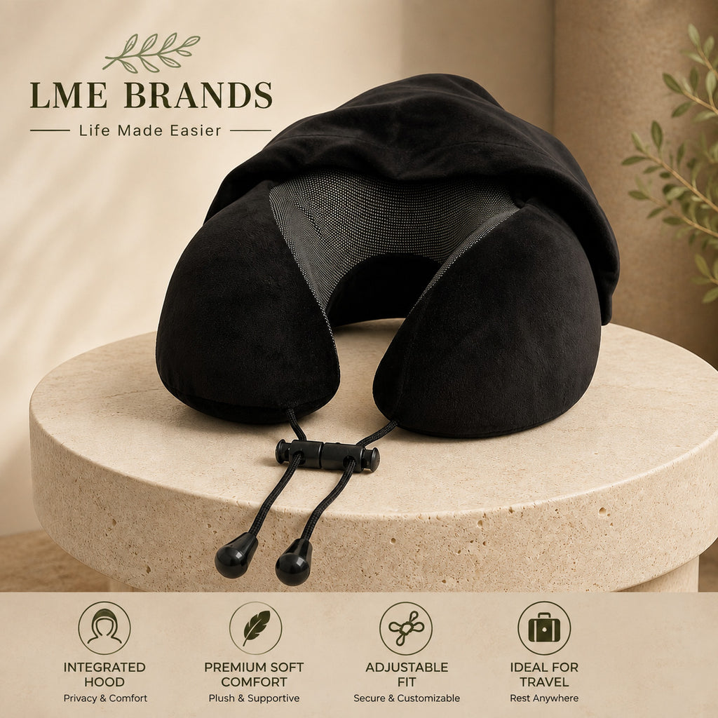 Hooded Travel Neck Pillow with Privacy Hood, Storage Bag & Sleep Mask