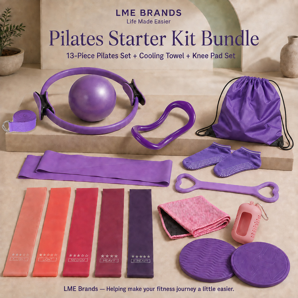 Pilates Starter Kit Bundle – 13-Piece Home Pilates Set with Ring, Exercise Ball, Resistance Bands, Grip Socks, Cooling Towel & Knee Pads